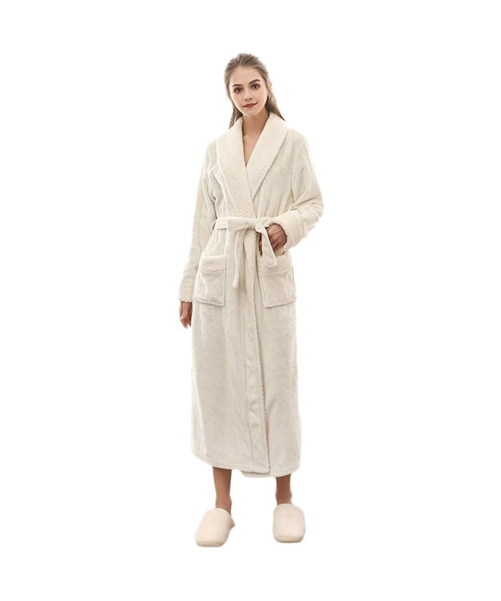 Robes Womens Fleece Robe Ultra Soft Flannel Plush Long Bathrobe Bathrobe Luxurious Kimono Spa Robes Coat Loungewear White - C...