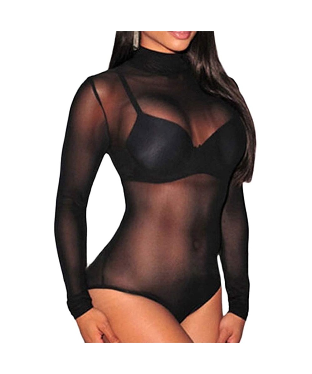 Shapewear 650 - Plus Size Sheer Mesh Rhinestones Long Sleeves Bodysuit - Black Mesh - C418T9Z8OLK