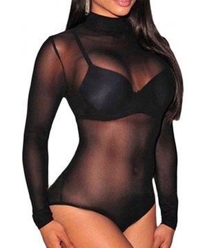 Shapewear 650 - Plus Size Sheer Mesh Rhinestones Long Sleeves Bodysuit - Black Mesh - C418T9Z8OLK