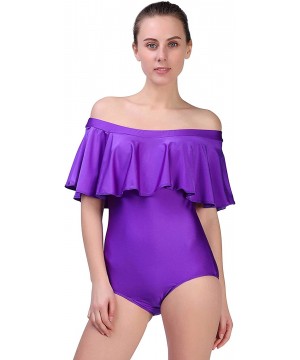 Shapewear Women Flounce Ruffle One Piece Swimsuits Off The Shoulder Strapless Tummy Control Bathing Suit Bodysuit - Purple - ...