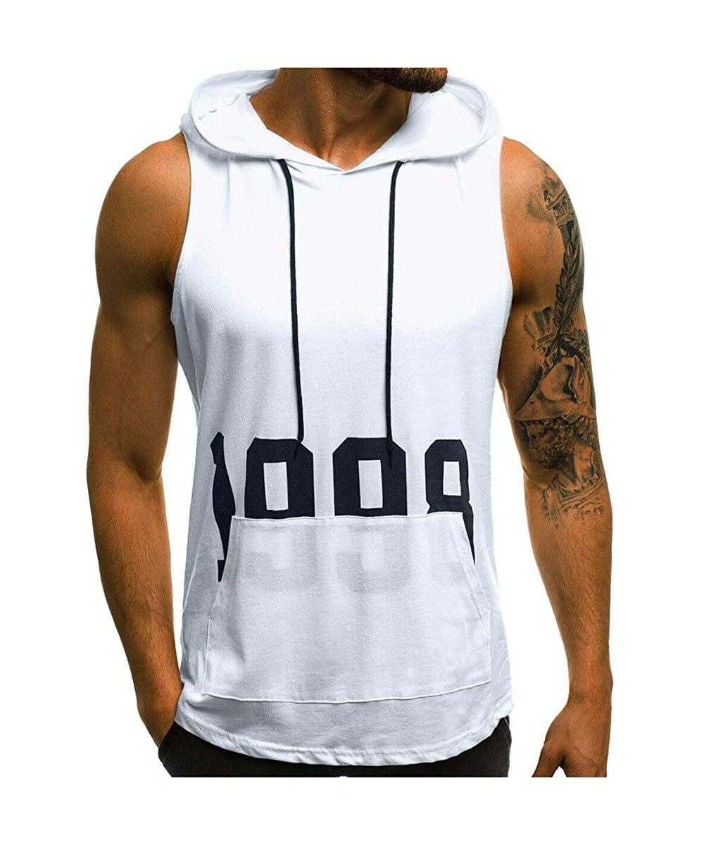 Robes Men's Workout Hooded Tank Tops Bodybuilding Muscle Cut Off T Shirt Sleeveless Gym Hoodies - White B - CP194G22ILW