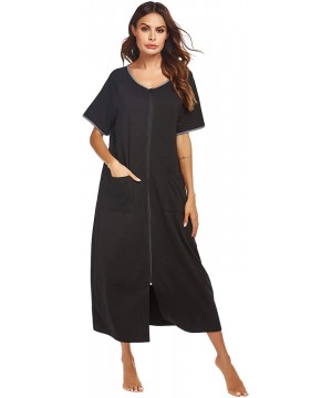 Robes Women Robes Zipper Front Short Sleeve Full Length Housecoat with Pockets Loungewear - Black - CR194GA9CGG