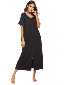 Robes Women Robes Zipper Front Short Sleeve Full Length Housecoat with Pockets Loungewear - Black - CR194GA9CGG