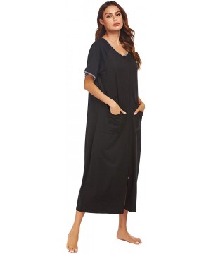 Robes Women Robes Zipper Front Short Sleeve Full Length Housecoat with Pockets Loungewear - Black - CR194GA9CGG