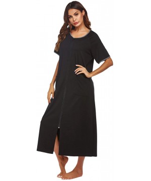 Robes Women Robes Zipper Front Short Sleeve Full Length Housecoat with Pockets Loungewear - Black - CR194GA9CGG