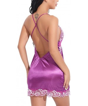 Baby Dolls & Chemises Lace Lingerie for Women-Sexy Halter Chemise V Neck Nightwear Underwear Sleepwear - Purple - CD18YZRQ6NS