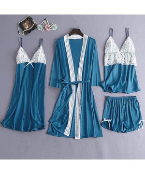 Sets Women Pajamas Set Female Lace Simulation Silk Camisole Bowknot Shorts Sleepwear 4 Piece Set - Blue - CV194DTRZXM