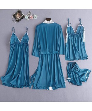 Sets Women Pajamas Set Female Lace Simulation Silk Camisole Bowknot Shorts Sleepwear 4 Piece Set - Blue - CV194DTRZXM