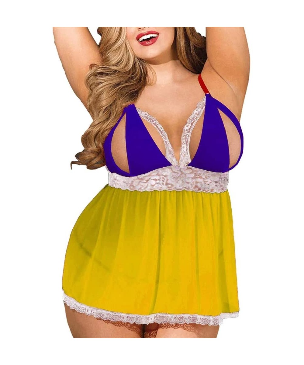 Baby Dolls & Chemises Women Plus Size Lace Mesh Lingerie Red Babydoll Lace Split Cup Sleepwear Set - Yellow - C0199UWO43I