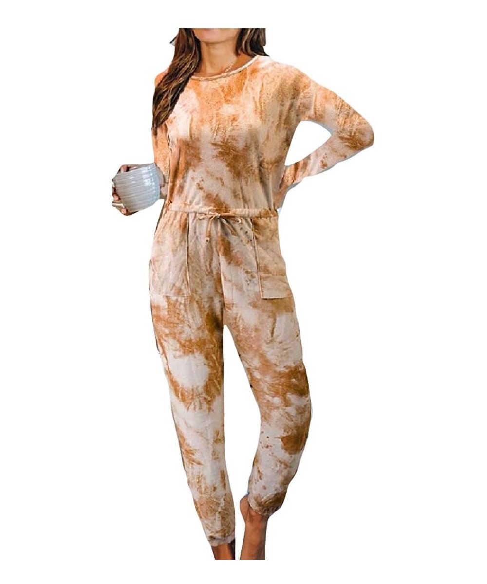 Sets Women Tie Dye Printed Long Pajamas Short Sleeve PJ Loungewear Nightwear Jumpsuits - 10 - C519CAYDETQ