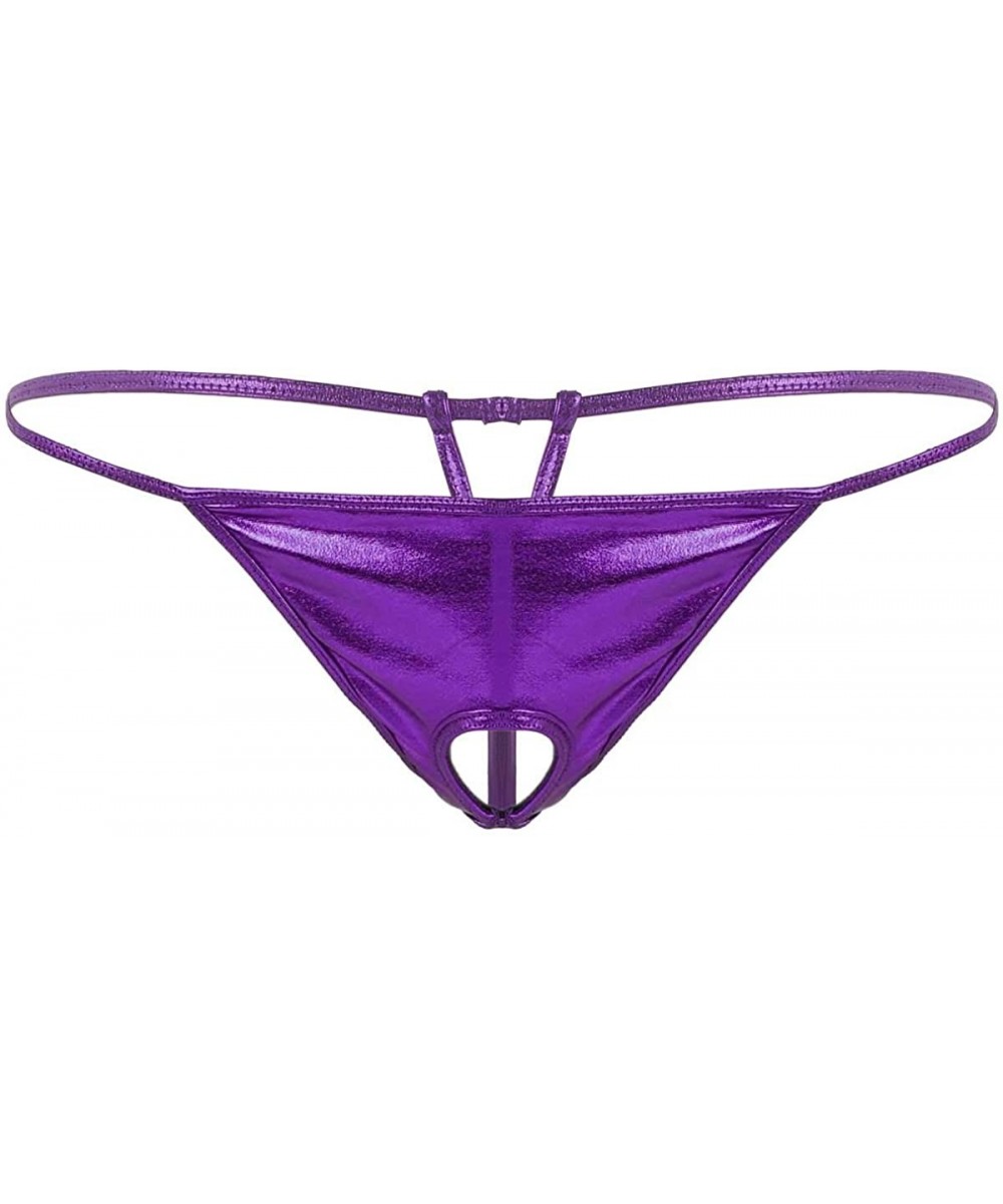 G-Strings & Thongs Men's Metallic Open Pouch Thong Panties Underwear Low Rise Front Hole Jockstrap Bikini Briefs - Purple - C...