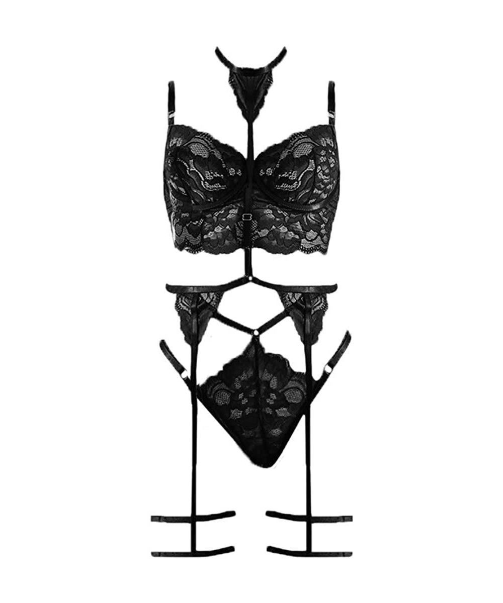 Baby Dolls & Chemises Women Sexy Lace Lingerie Set Lady No Steel Ring Cutout Bra Thong Set Underwear Pajamas - Black - CA1932...