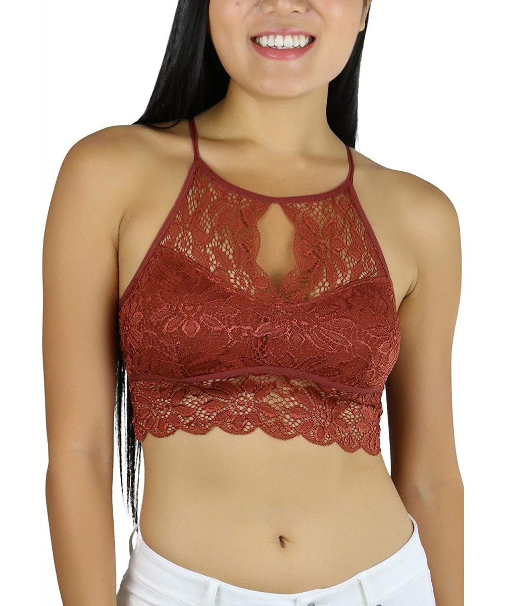 Bras Women's Keyhole High Neck Stretch Lace Bralette with Lined Cups - Dark Rust - CB18TA0QDRS