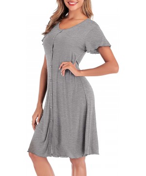 Nightgowns & Sleepshirts Women's Nightshirt- Short Sleeve Nightgown V Neck Button Down Pajama Dress - Grey - CU19CMED99W