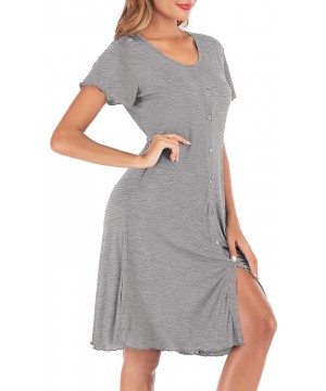 Nightgowns & Sleepshirts Women's Nightshirt- Short Sleeve Nightgown V Neck Button Down Pajama Dress - Grey - CU19CMED99W