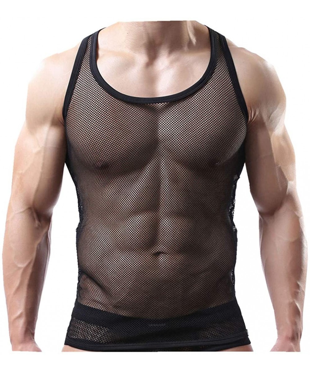 Undershirts Sexy Men's Underwear Sleeveless Vest Tank Top Mesh See Through T-Back Nightwear Fishnet Undershirt - Undershirt B...