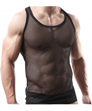 Undershirts Sexy Men's Underwear Sleeveless Vest Tank Top Mesh See Through T-Back Nightwear Fishnet Undershirt - Undershirt B...