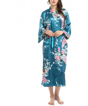 Robes Women's Floral Kimono Satin Robe V-Neck Bridesmaids Nightgown Sleepwear - Peacock Blue - CL197QH2U9L