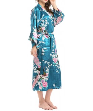 Robes Women's Floral Kimono Satin Robe V-Neck Bridesmaids Nightgown Sleepwear - Peacock Blue - CL197QH2U9L