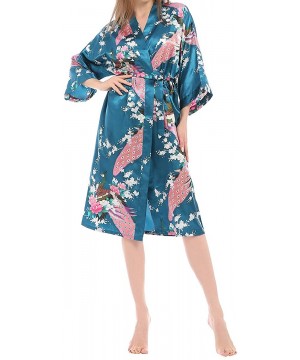 Robes Women's Floral Kimono Satin Robe V-Neck Bridesmaids Nightgown Sleepwear - Peacock Blue - CL197QH2U9L