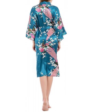 Robes Women's Floral Kimono Satin Robe V-Neck Bridesmaids Nightgown Sleepwear - Peacock Blue - CL197QH2U9L