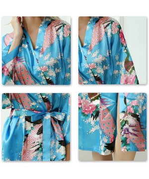 Robes Women's Floral Kimono Satin Robe V-Neck Bridesmaids Nightgown Sleepwear - Peacock Blue - CL197QH2U9L