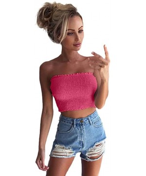 Camisoles & Tanks Women Sexy Strapless Elastic Bandeau Ruffle Tube Top Solid Basic Bra Lingerie - Hot Pink - CD18I9H4SX8