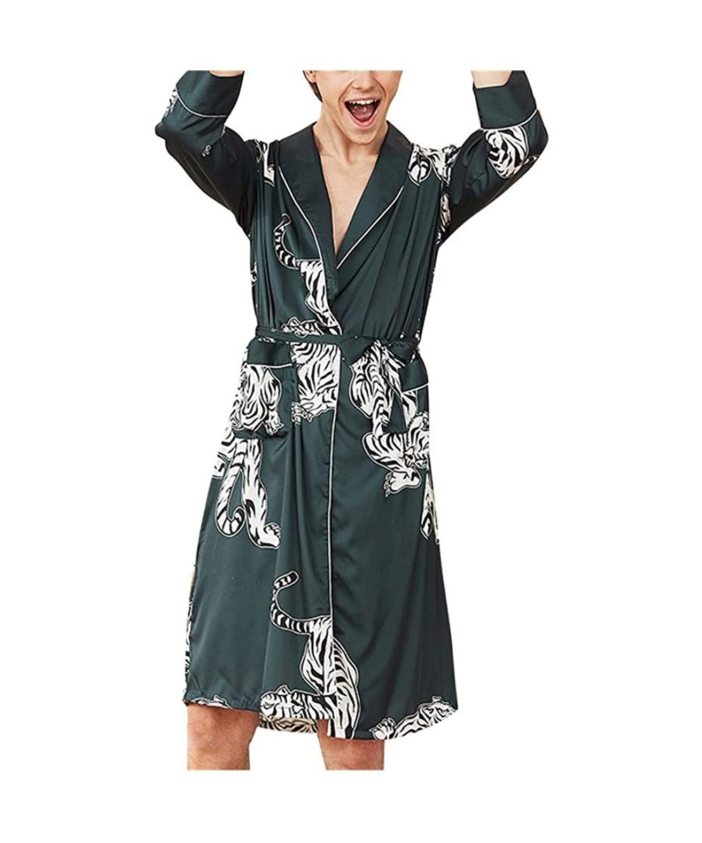 Robes Women Men Sleepwear Silk Tiger Printed Kimono Robe Long Bathrobe Nightwear Nightgown with Belt - Green Men - CE18QTG45GQ