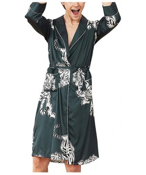 Robes Women Men Sleepwear Silk Tiger Printed Kimono Robe Long Bathrobe Nightwear Nightgown with Belt - Green Men - CE18QTG45GQ