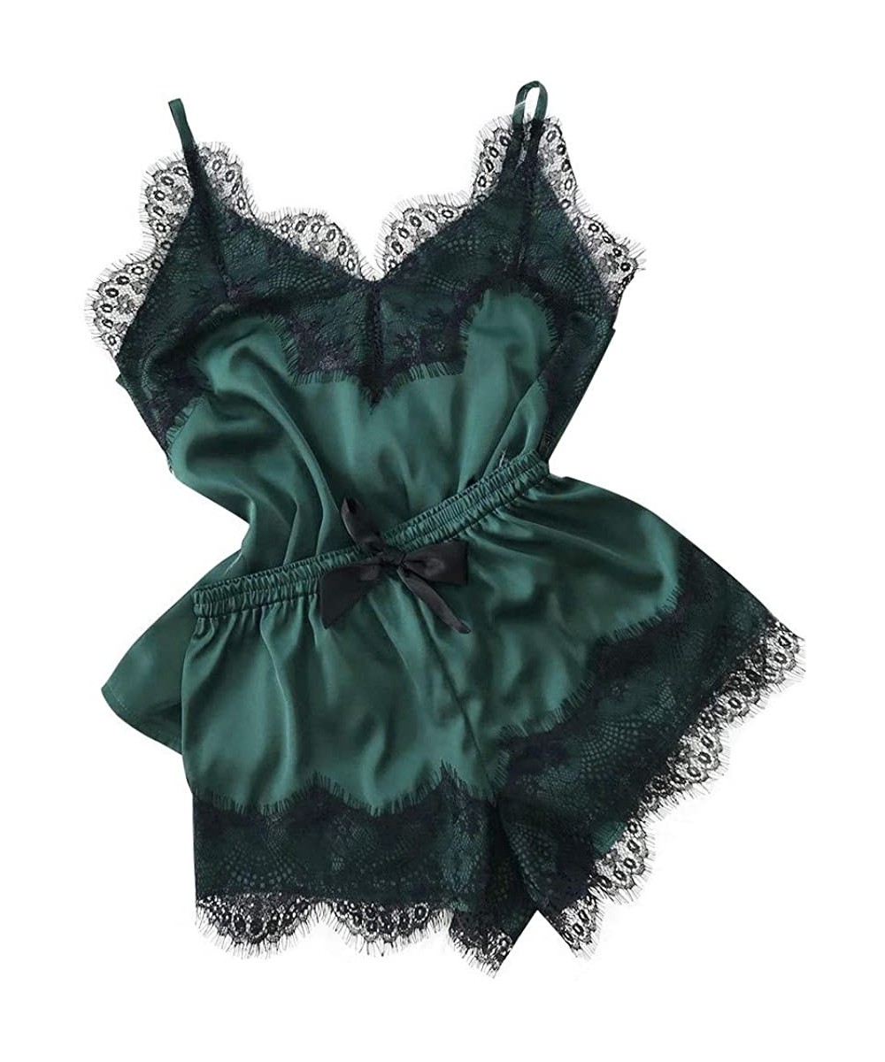 Sets Women's Lace Satin Nightwear Deep V-Neck Cami Pajamas Set Sleepwear Silk Short Pants and Vest - Green 1 - C719DD3U9Y2