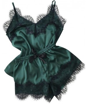 Sets Women's Lace Satin Nightwear Deep V-Neck Cami Pajamas Set Sleepwear Silk Short Pants and Vest - Green 1 - C719DD3U9Y2