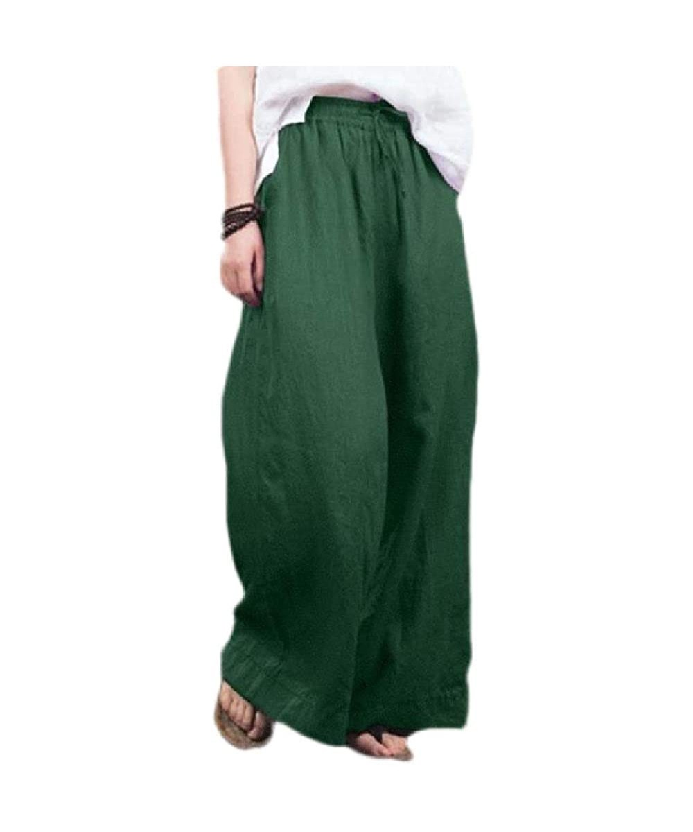 Bottoms Lightweight Cotton Linen Drawstring Loose Fit Solid Wide Leg Palazzo Lounge Pants - Green - CT19CM9RX79