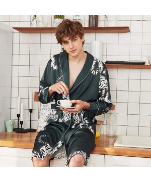 Robes Women Men Sleepwear Silk Tiger Printed Kimono Robe Long Bathrobe Nightwear Nightgown with Belt - Green Men - CE18QTG45GQ