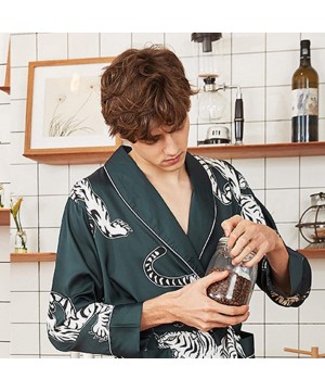 Robes Women Men Sleepwear Silk Tiger Printed Kimono Robe Long Bathrobe Nightwear Nightgown with Belt - Green Men - CE18QTG45GQ