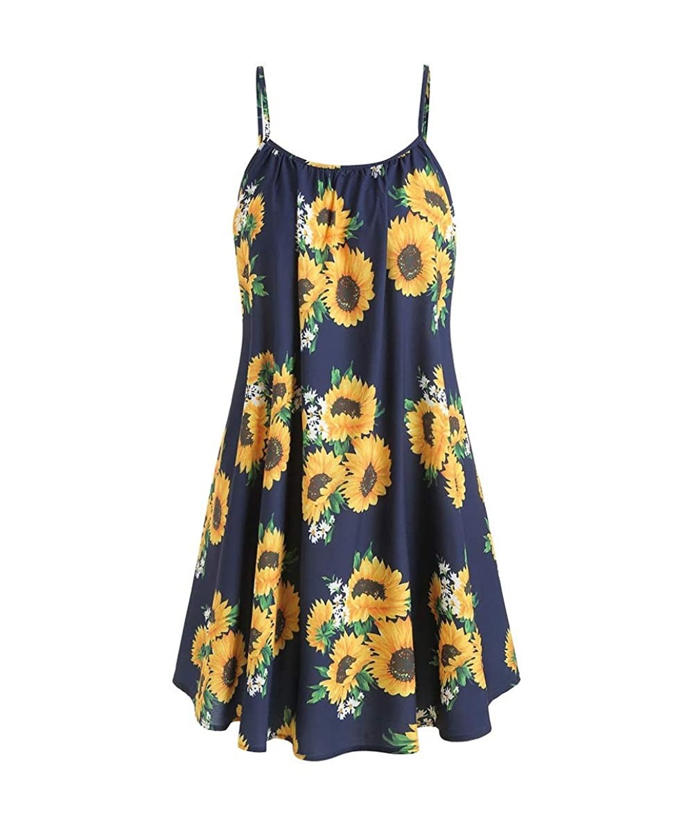 Shapewear Dress for Women-Fashion Women Slash Neck Sleeveless Draped Sunflower Print Strap Mini Dress - Navy - CE18T9DZEG2