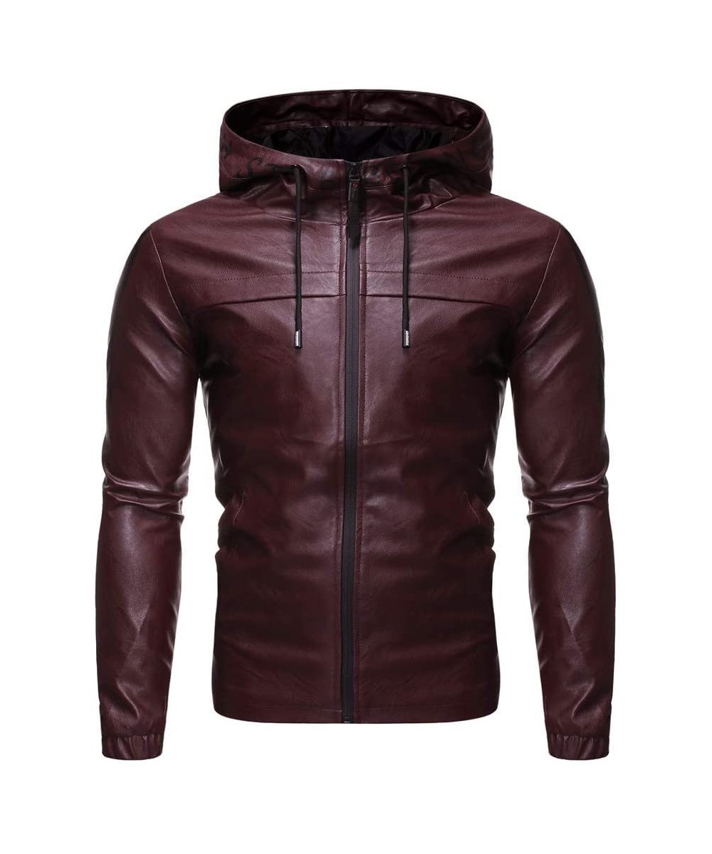 Thermal Underwear Men's Hooded Leather Jacket Windproof Faux Leather Coat Lightweight Slim Fit Outwear - Red - C718A9TN4XU