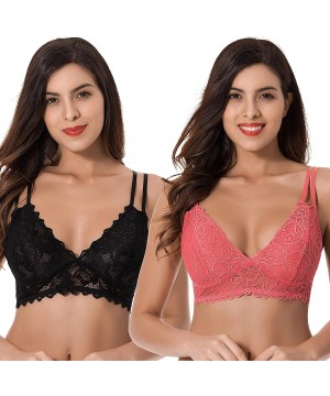 Bras Plus Size Plunge Unlined Bralette with Floral Lace-2 Pack - Rose-black(2 Pack) - CA18NYUIUOI