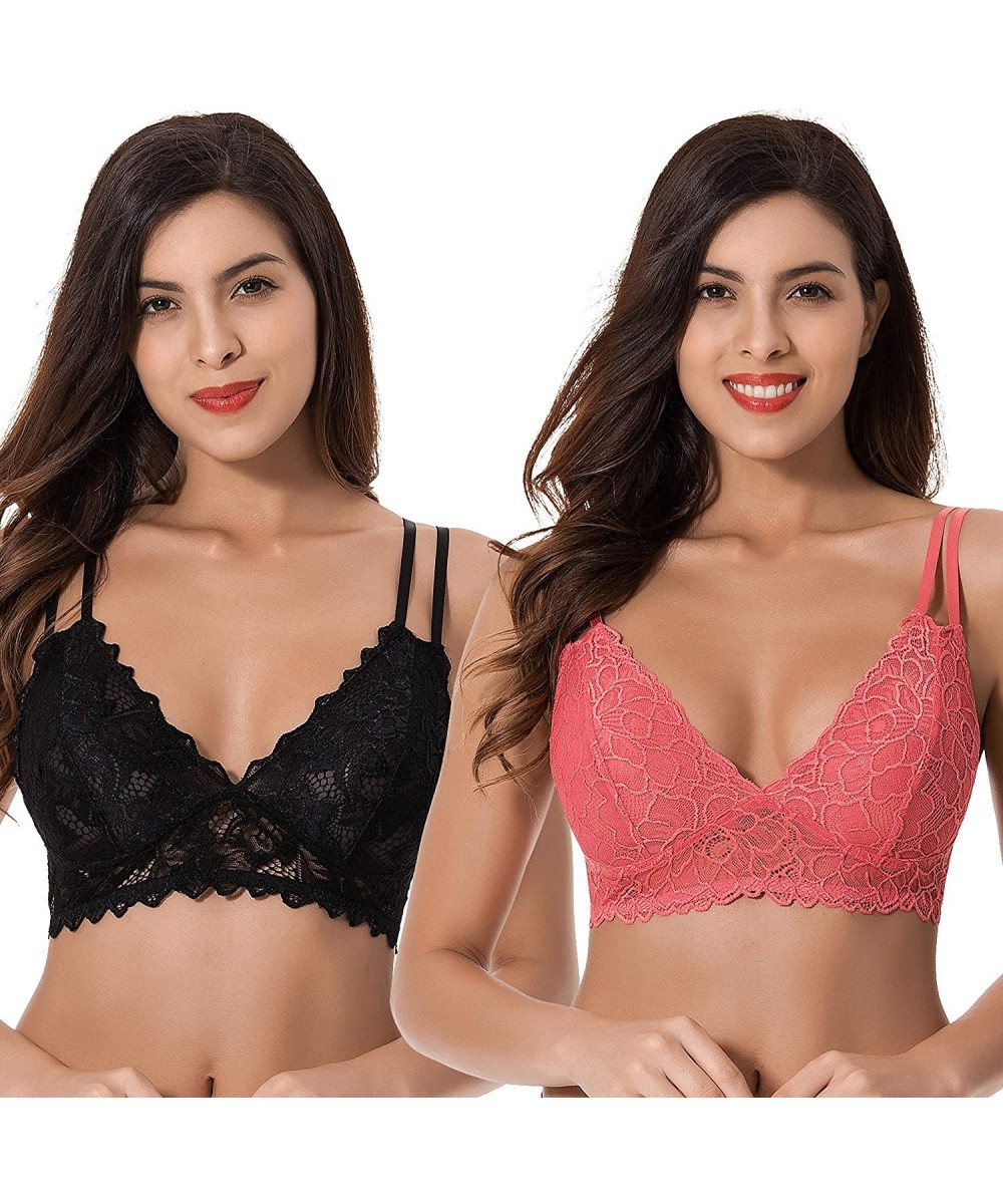 Bras Plus Size Plunge Unlined Bralette with Floral Lace-2 Pack - Rose-black(2 Pack) - CA18NYUIUOI