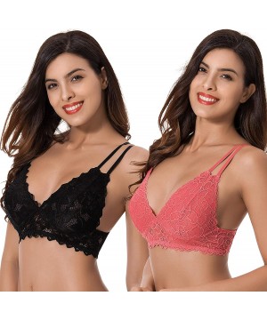 Bras Plus Size Plunge Unlined Bralette with Floral Lace-2 Pack - Rose-black(2 Pack) - CA18NYUIUOI