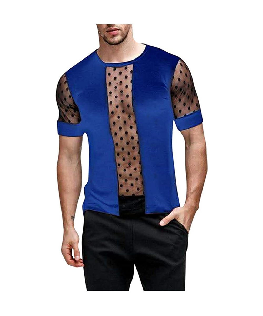 Thermal Underwear Mens Summer Sheer T-Shirts- Casual Short Sleeve Crewneck Tees Beach Breatheable Tops - Blue - CR19CH5K5UG