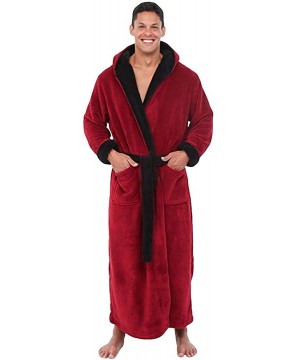 Robes Hooded Bathrobe Men's Winter Plush Shawl Home Clothes Long Sleeve Robe Coat Thick Warm Pocket Sleepwear - Red - C6194GU...