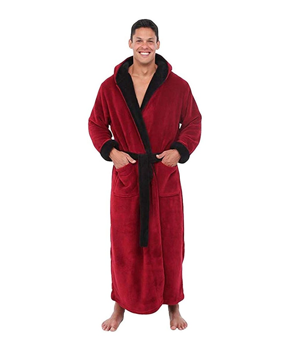 Robes Hooded Bathrobe Men's Winter Plush Shawl Home Clothes Long Sleeve Robe Coat Thick Warm Pocket Sleepwear - Red - C6194GU...