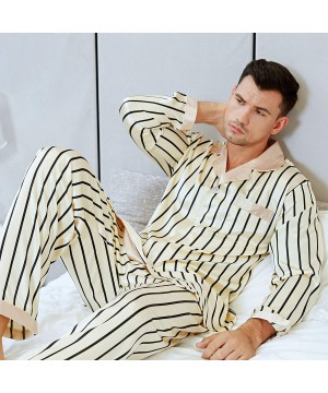 Sleep Sets Mens Satin Pajamas Set Sleepwear Loungewear S~3XL Plus - Beige - C812NH8K0GZ