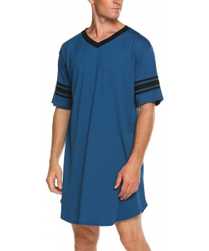 Sleep Tops Men's Nightshirt- Cotton Nightwear Comfy Big&Tall V Neck Short Sleeve Soft Loose Pajama Sleep Shirt - Style 1_blue...