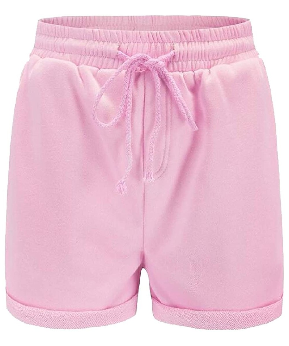 Bottoms Women's Summer Shorts Sleep Shorts Stretchy Drawstring Bottoms Lounge Sports Short - Pink - CL19CUA4S87