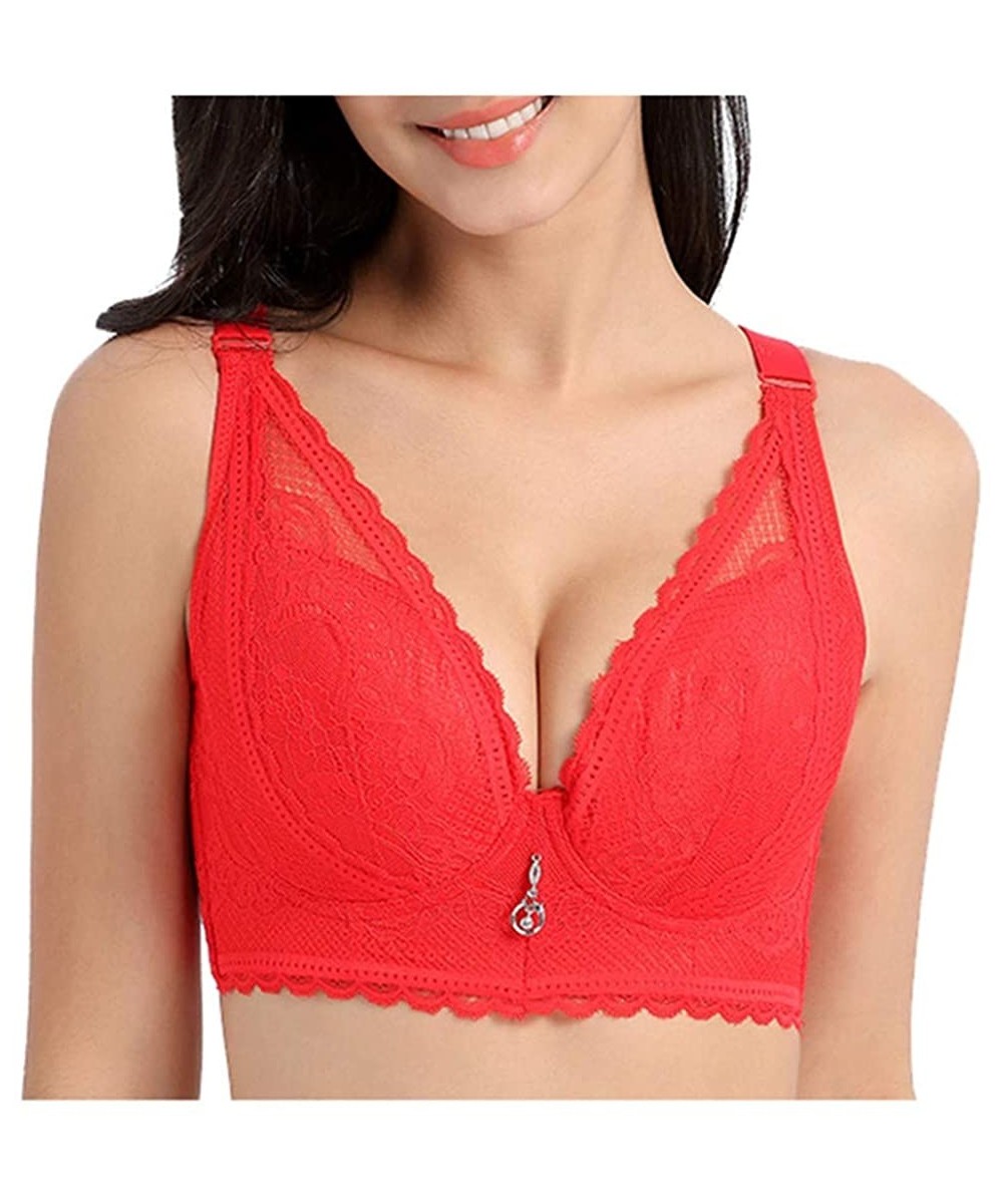 Slips Women's Sexy Plus Size Adjustable Breathable Extra-Elastic Translucent Bra - Red - CX18YYUNRO5