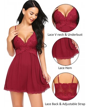 Baby Dolls & Chemises Women Babydoll Nightgown Chemises Lace Modal Sleepwear V-Neck Full Slip Sleep Dress - Dark Red - CE18WL...