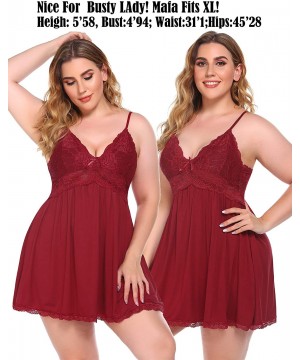 Baby Dolls & Chemises Women Babydoll Nightgown Chemises Lace Modal Sleepwear V-Neck Full Slip Sleep Dress - Dark Red - CE18WL...