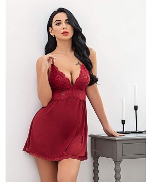 Baby Dolls & Chemises Women Babydoll Nightgown Chemises Lace Modal Sleepwear V-Neck Full Slip Sleep Dress - Dark Red - CE18WL...