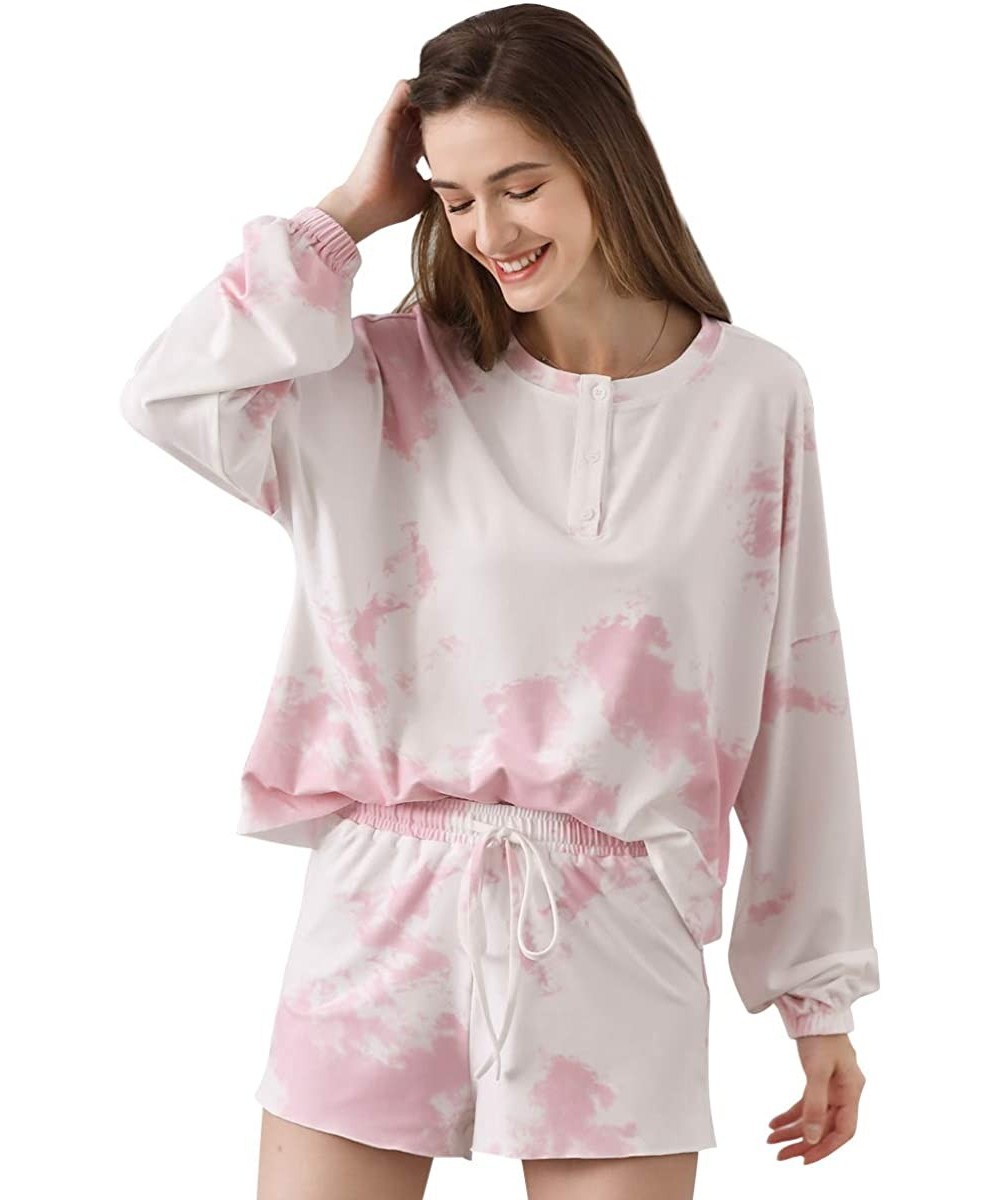 Sets Women's Tie Dye Printed Button Down Long Sleeve 2 Piece Short Pajamas Set Nightwear Loungewear 1174 - Pink - CE190N3H929